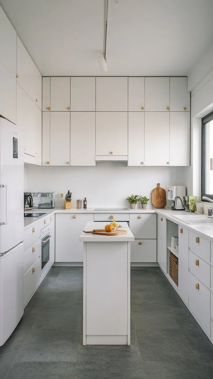 Clean lines and a bright aesthetic define this U-shaped kitchen, a haven for culinary creativity. The minimalist design, anchored by sleek white cabinetry and a functional island, offers ample workspace and storage, making meal preparation a breeze. A perfect blend of form and function, this space effortlessly combines style and practicality.