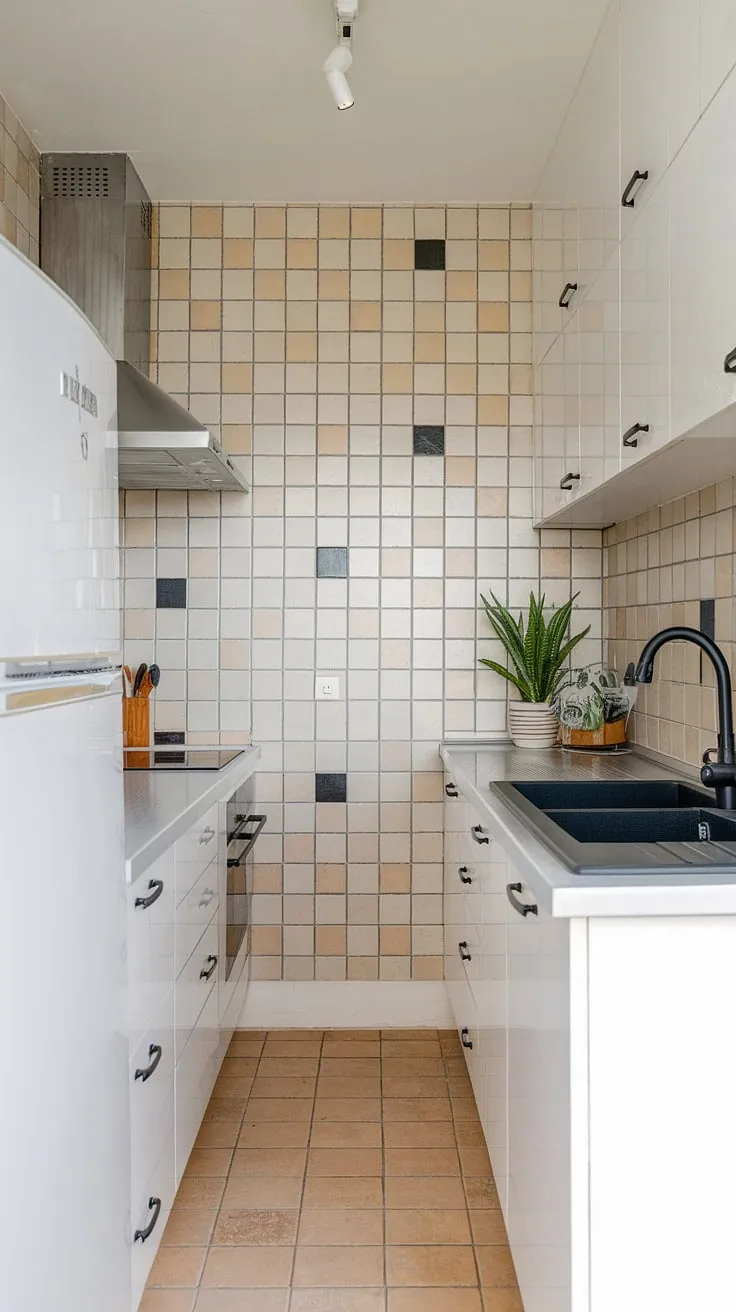 This U-shaped kitchen maximizes space and style, with sleek white cabinetry, a chic black sink, and a subtle beige and black tile backsplash adding warmth. A touch of greenery completes the modern, functional design.