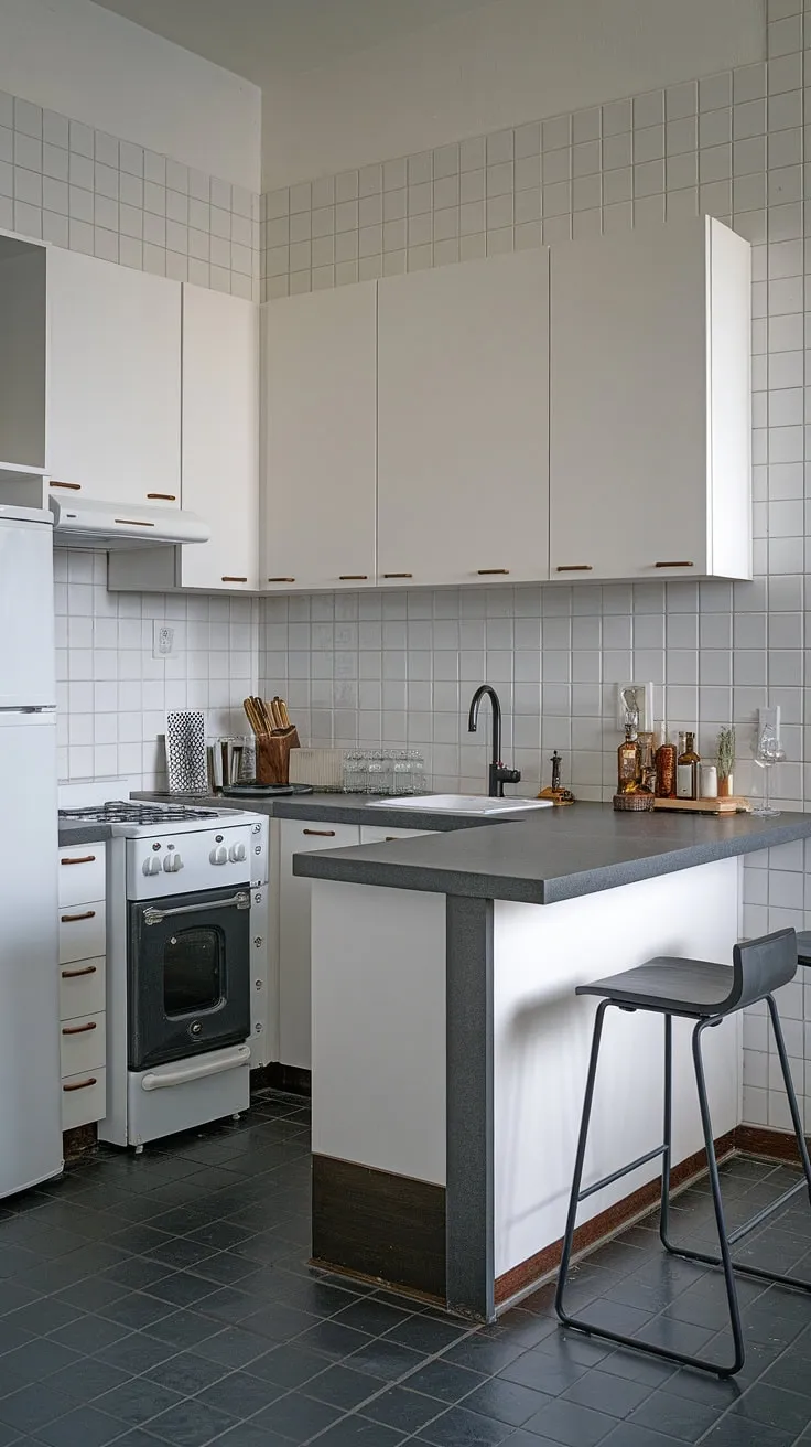 Sleek and sophisticated, this U-shaped kitchen maximizes space with its minimalist design. The dark grey countertops and appliances provide a striking contrast against the crisp white cabinetry, creating a modern and inviting atmosphere. A perfect blend of form and function, this kitchen is a testament to efficient design.