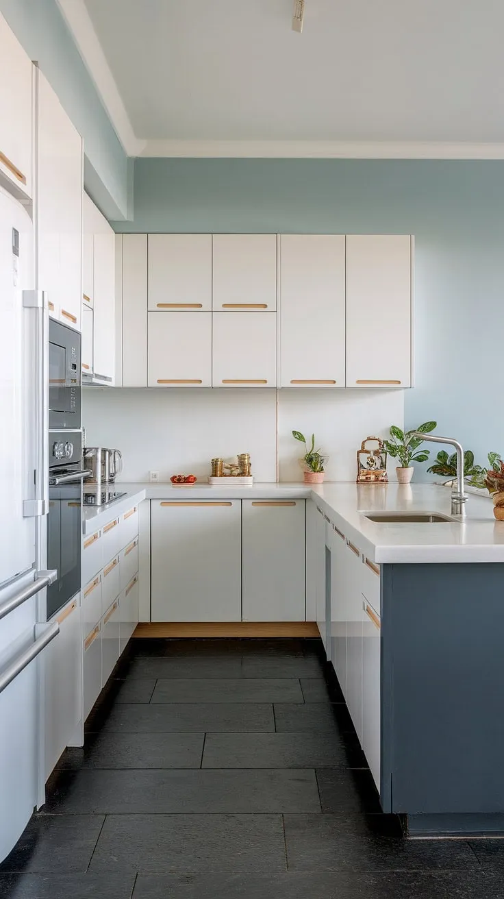 This modern kitchen is a dream come true. The sleek white cabinetry, complemented by the dark gray island and blue walls, offers both beauty and practicality. Hidden appliances and a thoughtfully designed layout maximize space and create a truly inviting culinary haven.