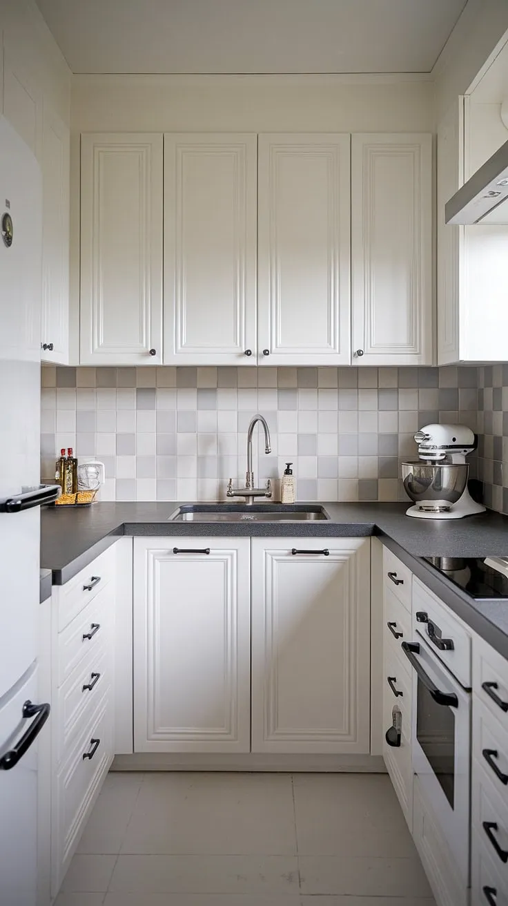 This U-shaped kitchen is a testament to modern design. The crisp white cabinetry, dark grey countertops, and subtle grey and white backsplash create a sophisticated atmosphere. The stainless steel sink and integrated appliances, including a stylish refrigerator, complete this stunning and highly functional space.