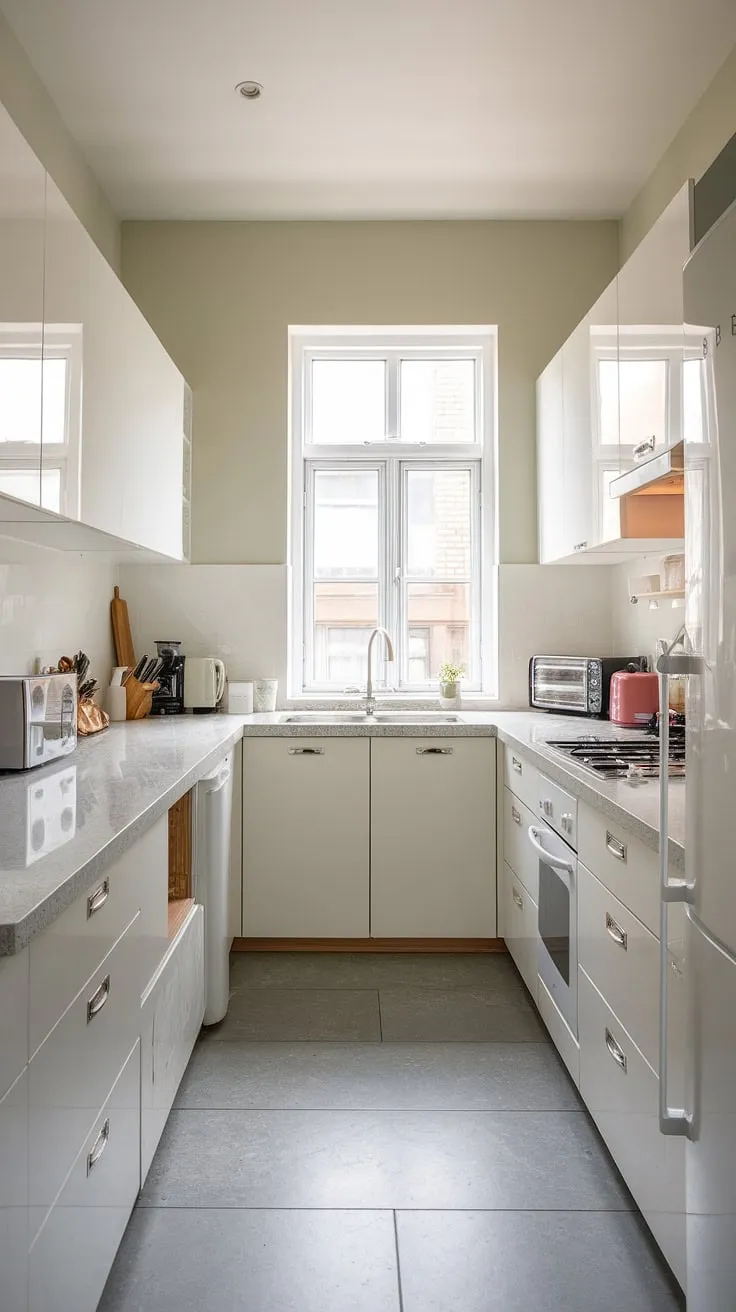 This U-shaped kitchen is a dream come true, boasting sleek white cabinets, a stunning quartz countertop, and ample space for all your culinary adventures. The grey tile floor and soft grey walls create a calming atmosphere, while the large window floods the space with natural light, making meal prep a joy. A perfect blend of form and function.