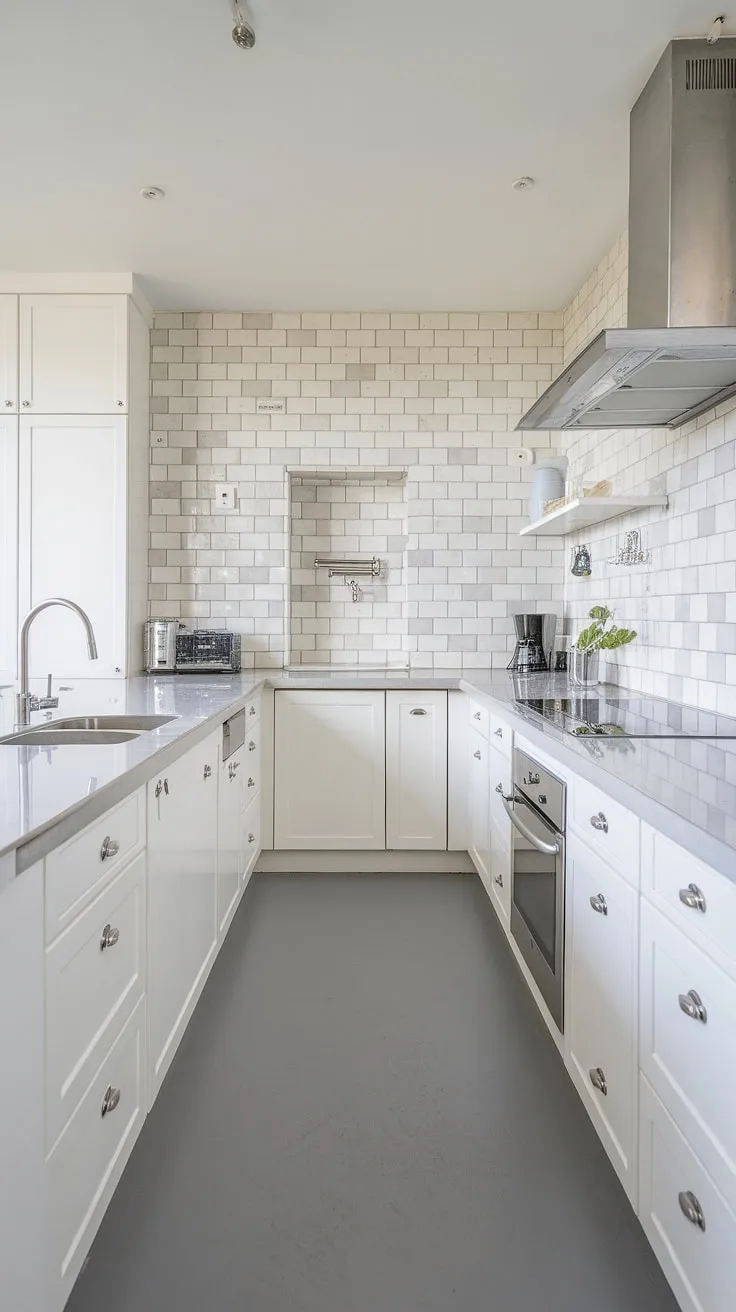 Clean lines and a calming palette define this stunning u-shaped kitchen. The white cabinetry, complemented by grey accents and a sleek stainless steel range hood, creates a bright and airy space perfect for culinary adventures. A convenient island with breakfast bar and built-in coffee maker adds functionality and style. A truly inspiring design.