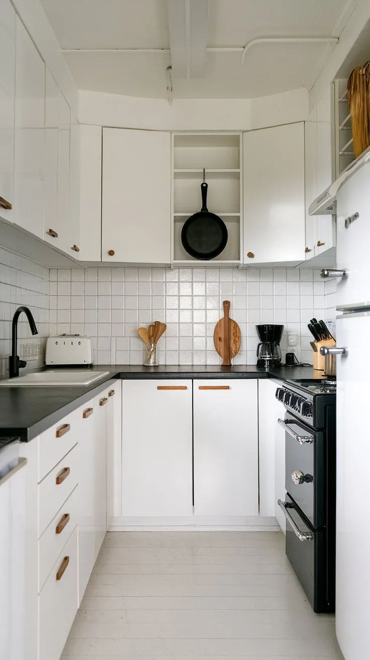 Sleek and sophisticated, this U-shaped kitchen seamlessly blends modern aesthetics with practical functionality. The crisp white cabinets and black countertops create a striking contrast, while the black pot hanging above the stove adds a touch of industrial charm. A perfect blend of form and function, this space is designed for effortless cooking and entertaining.