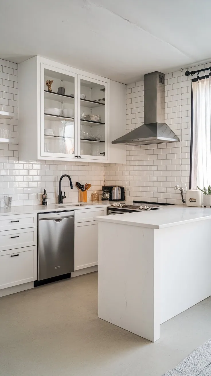 Clean lines and functional design define this stunning white kitchen. The U-shape maximizes space and efficiency, while the integrated appliances and white countertops maintain a sense of calm and order. The island serves as a central hub, perfect for meal prep and casual dining. A beautiful and practical space for everyday living.