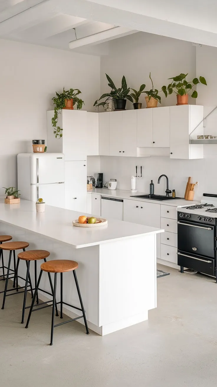 Clean lines and a calming palette define this modern kitchen. The spacious island, complete with bar stools, is perfect for casual dining and entertaining, while the sleek black appliances add a touch of sophisticated contrast against the bright white cabinetry and light gray concrete floor. A few strategically placed plants add a touch of life and warmth to this minimalist haven.