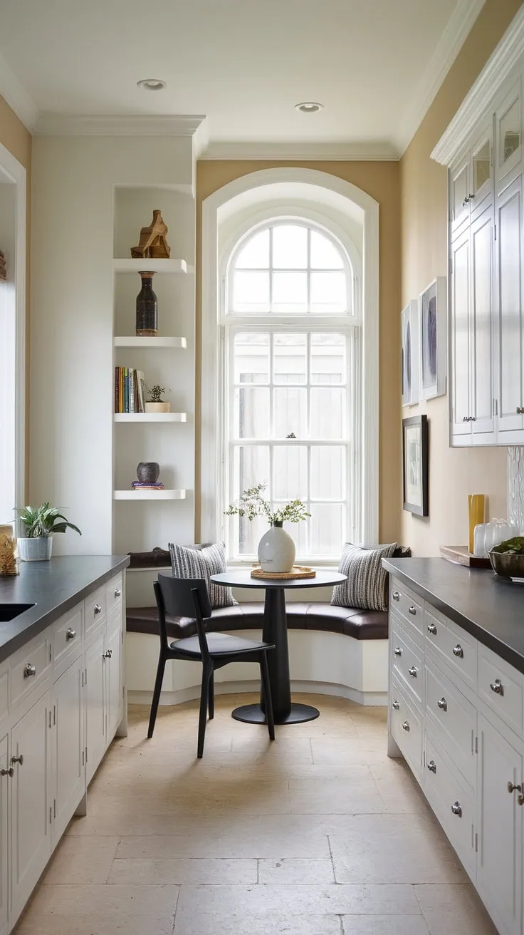 Sunlight streams into this bright, modern U-shaped kitchen, illuminating the sleek dark countertops and white cabinetry. A cozy dining nook, perfect for intimate meals, sits nestled within the space, complemented by a tall, stylish shelf showcasing carefully chosen decorative pieces. The beige tile flooring adds a touch of warmth and sophistication.