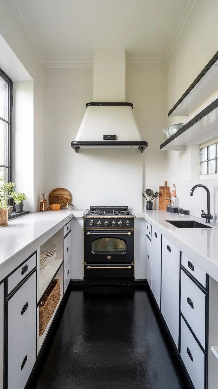 Clean lines and a sophisticated contrast define this u-shaped kitchen. The matte white cabinetry is beautifully offset by the sleek black accents, creating a space that's both stylish and functional. Natural light streams in, illuminating the pristine white countertops and highlighting the minimalist design. A perfect blend of form and function.