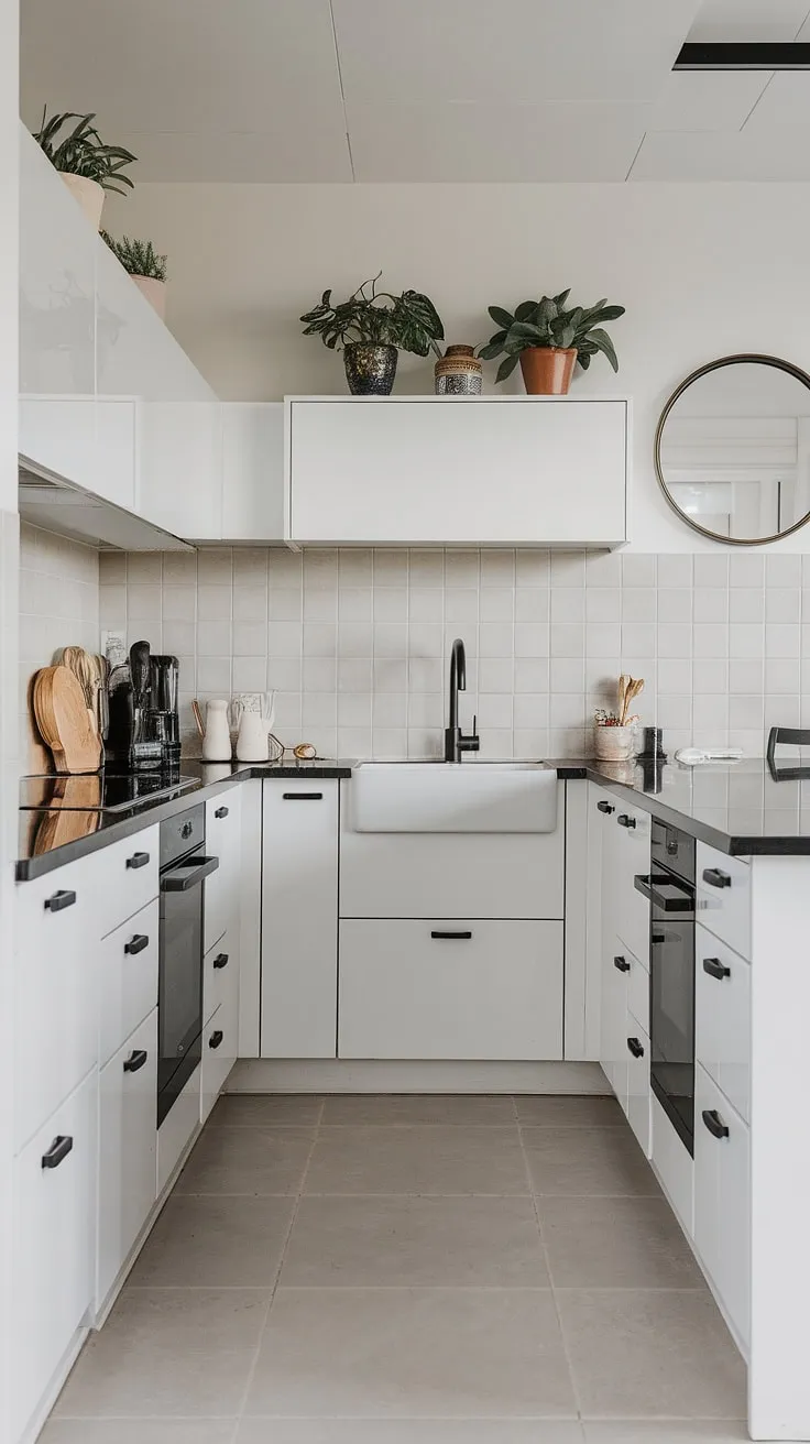Clean lines and a calming palette define this U-shaped kitchen. The white cabinetry, light grey backsplash, and black accents create a sophisticated yet functional space, perfectly complemented by the floating shelves and minimalist decor. A true testament to modern design.