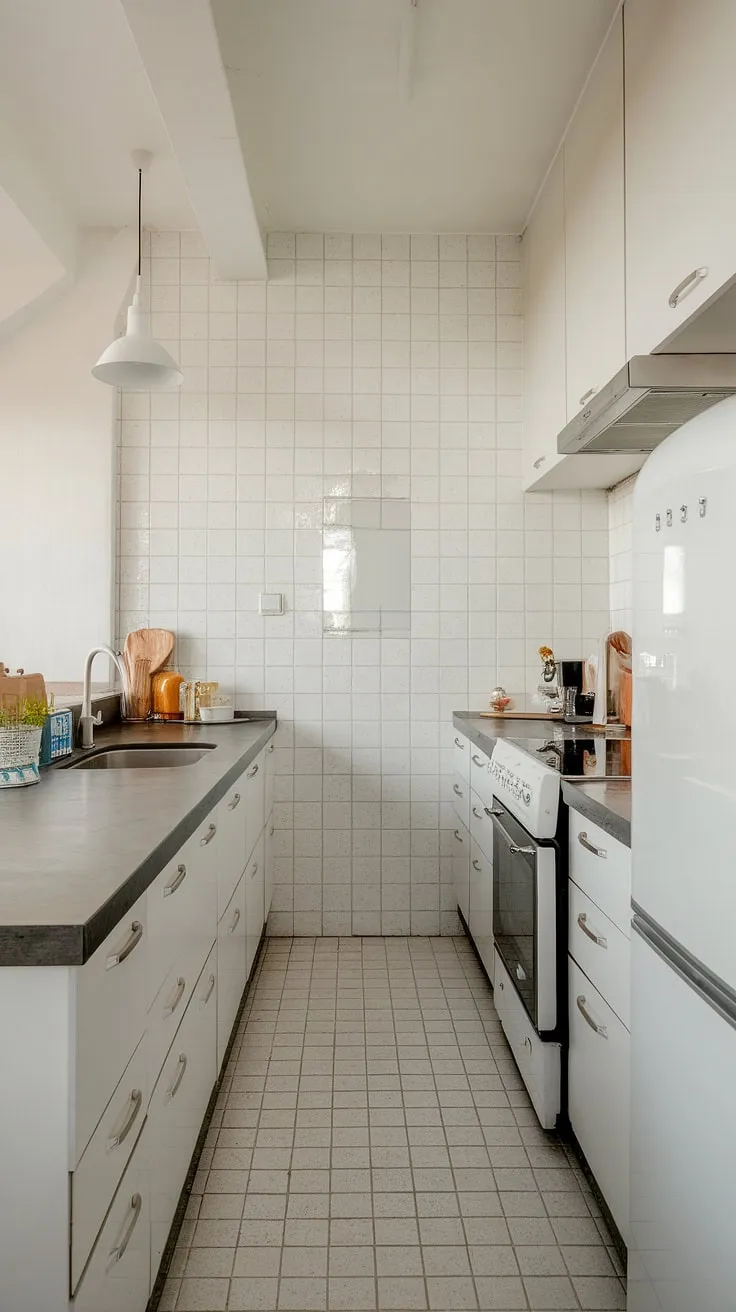This compact U-shaped kitchen maximizes space and style with its sleek white cabinetry and dark grey countertops. The minimalist design, punctuated by a single pendant light above the sink, creates a bright and airy atmosphere, perfect for a quick meal prep or a leisurely coffee.