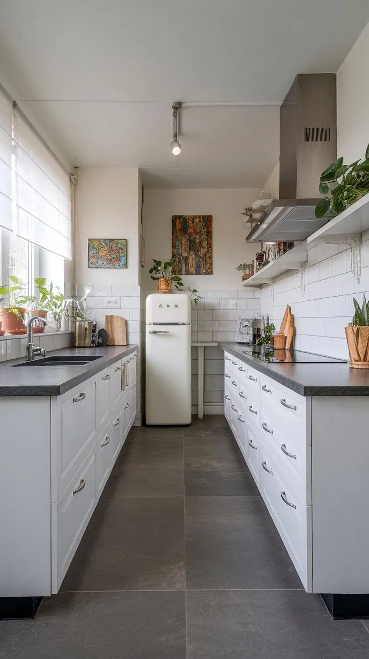This U-shaped kitchen is a dream, seamlessly blending modern aesthetics with a touch of nature. The crisp white cabinets and island, contrasted by the dark gray countertops, create a sophisticated and calming atmosphere. Potted plants add a vibrant touch, while the stainless steel range hood and integrated fridge maintain a sleek, minimalist feel. The gray tile flooring and subtle artwork complete the look, resulting in a space that's both stylish and functional. A perfect example of how thoughtful design can transform a kitchen into a true heart of the home.