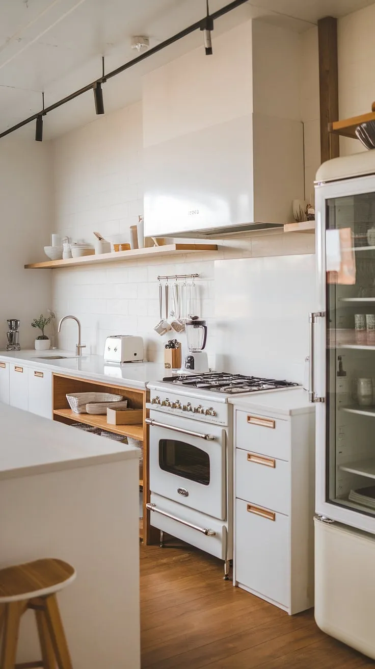 Clean lines, warm wood, and the perfect blend of form and function define this minimalist kitchen. The seamless integration of appliances, like the sleek refrigerator and stylish toaster, creates a space that's both beautiful and effortlessly efficient. A haven for culinary creativity.