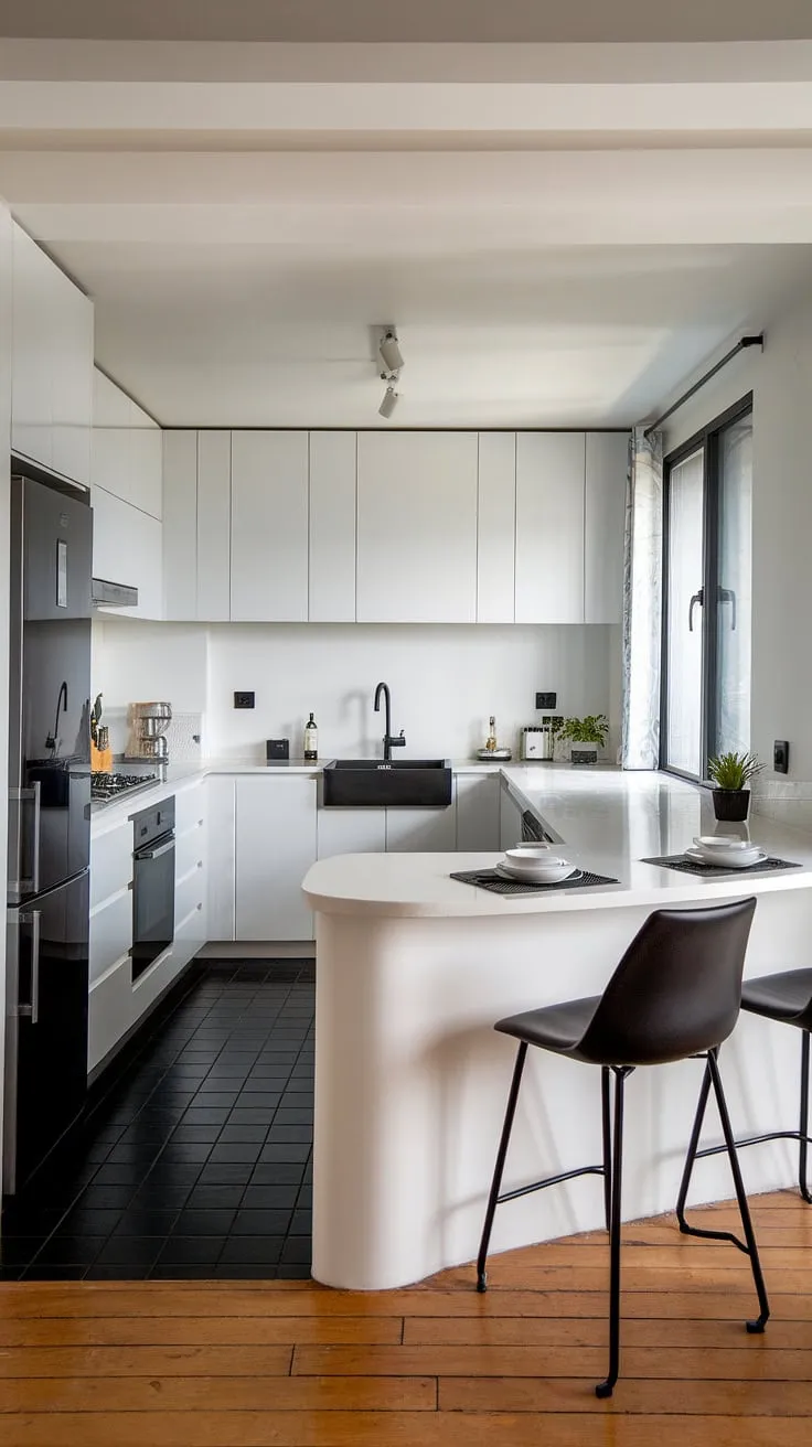 Clean lines and a minimalist aesthetic define this stunning u-shaped kitchen. The contrast of the white cabinetry and black accents, including the sink and stovetop, creates a sophisticated and functional space perfect for culinary creativity. A breakfast bar provides a convenient spot for a quick bite.