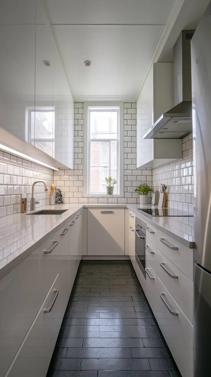 This sleek, U-shaped kitchen is a dream come true. The glossy white cabinets and quartz countertops create a bright and airy space, while the gray accents in the backsplash add a touch of sophistication. A perfect blend of modern design and functionality, it's a stunning example of efficient kitchen planning.