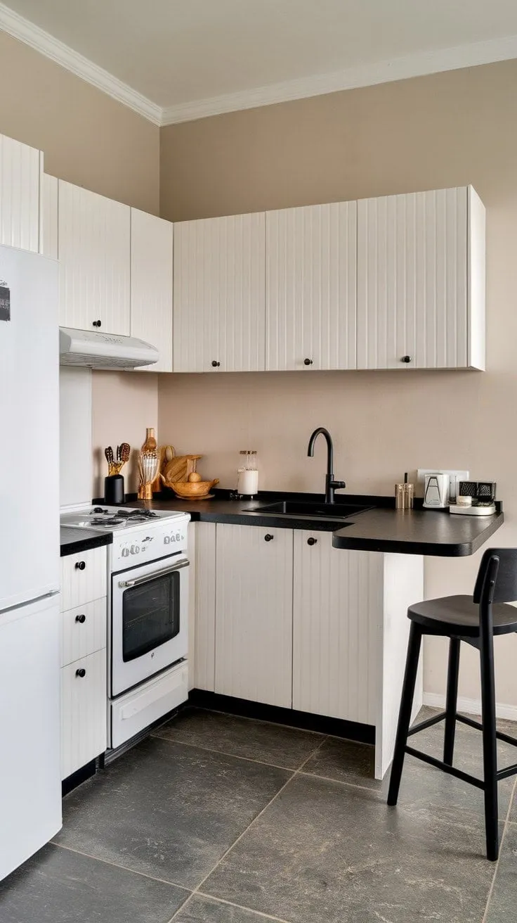 This minimalist U-shaped kitchen features crisp white cabinets and sleek black accents, creating a serene space perfect for cooking and entertaining.