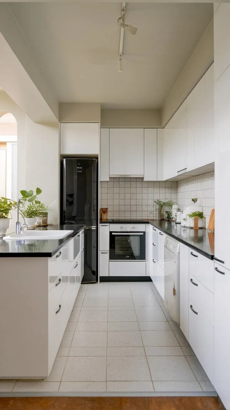 This minimalist kitchen blends clean lines and a striking black accent with a functional U-shaped layout, an island for casual dining, and a refreshing touch of greenery.