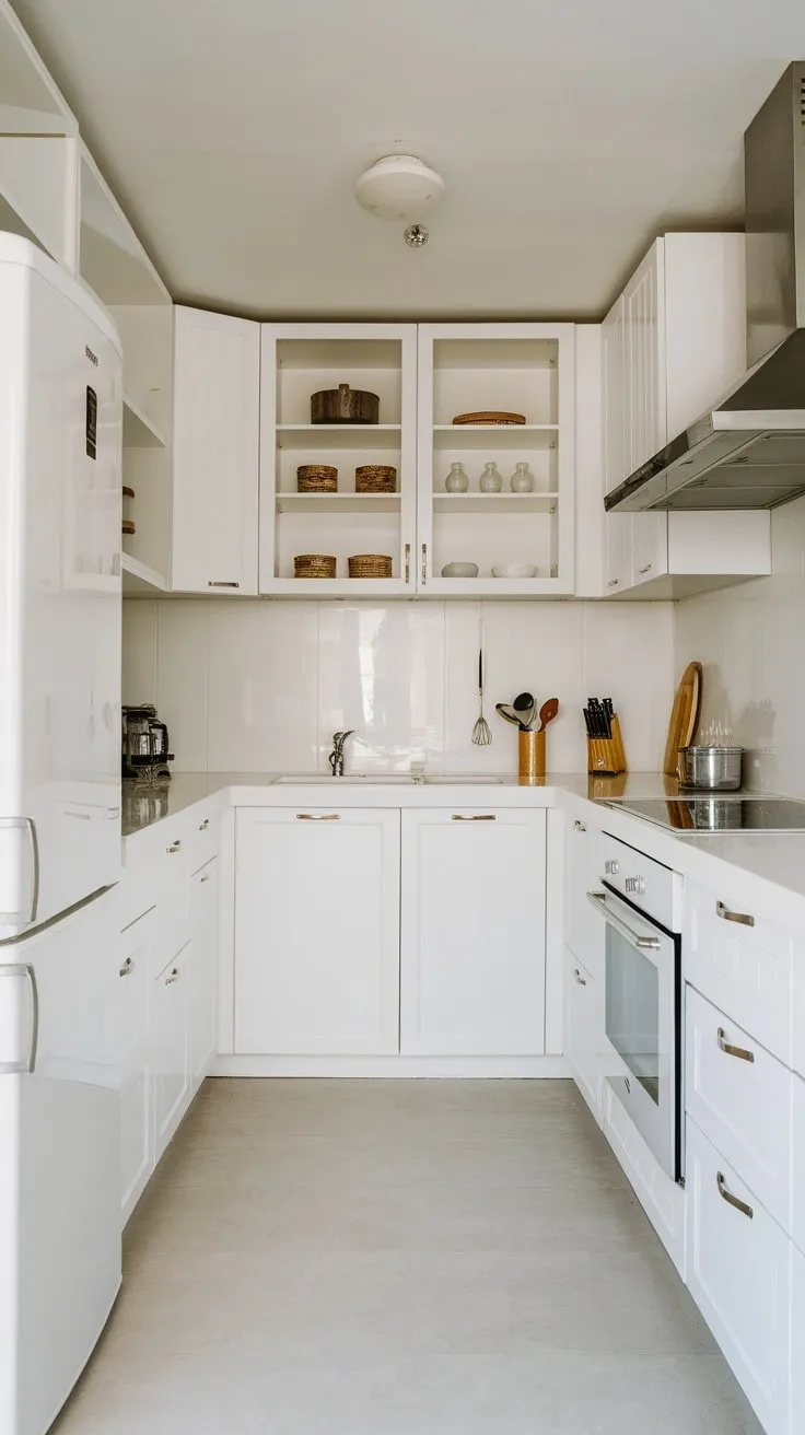 This all-white minimalist kitchen exudes calm sophistication, blending sleek design with subtle elegance and a hint of culinary creativity.