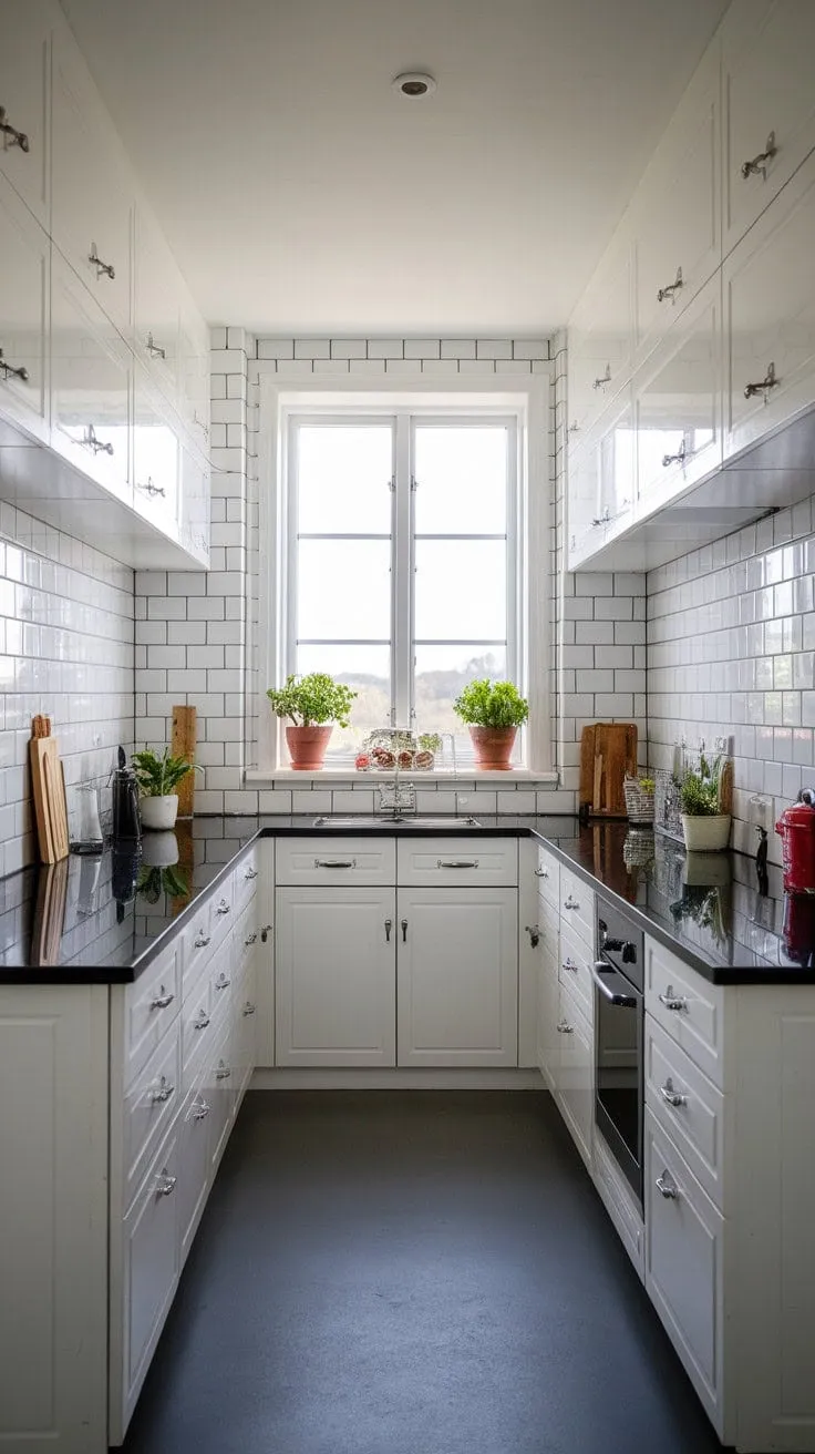 This stylish U-shaped kitchen harmoniously combines modern minimalism with functional beauty, featuring crisp white cabinetry, sleek black countertops, and a stunning view enhanced by classic subway tile and refreshing potted plants.