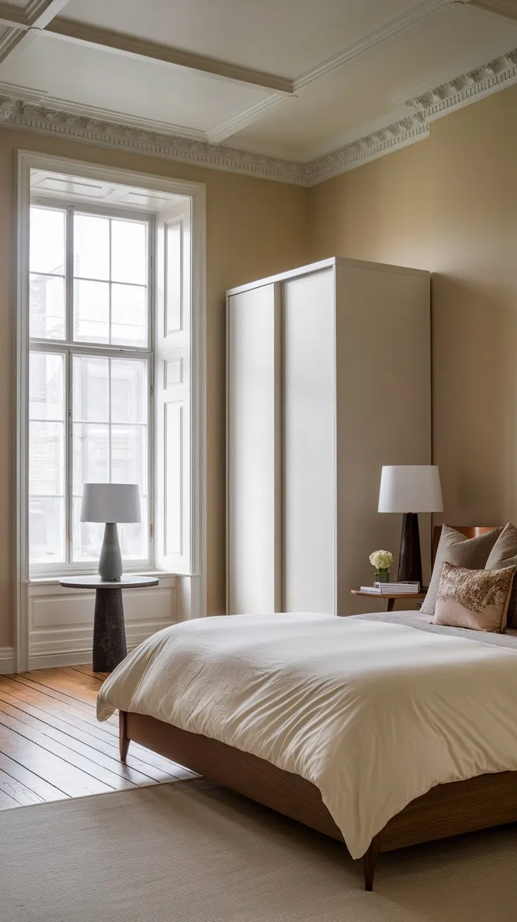 A contemporary twist on Victorian elegance transforms a bedroom with a large window and plush bedding into a stylish retreat.
