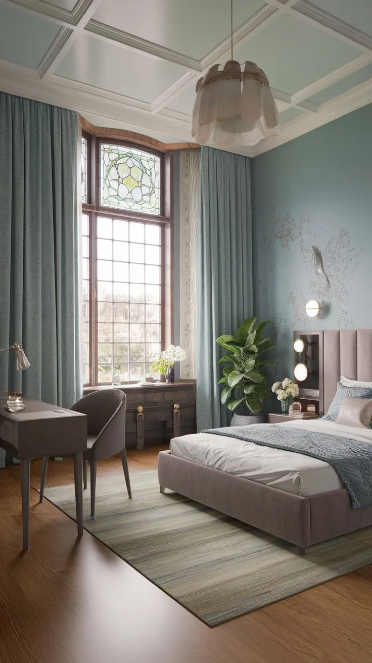 Dreamy soft blue walls and high ceilings highlight a modern Victorian bedroom's blend of antique and contemporary furnishings