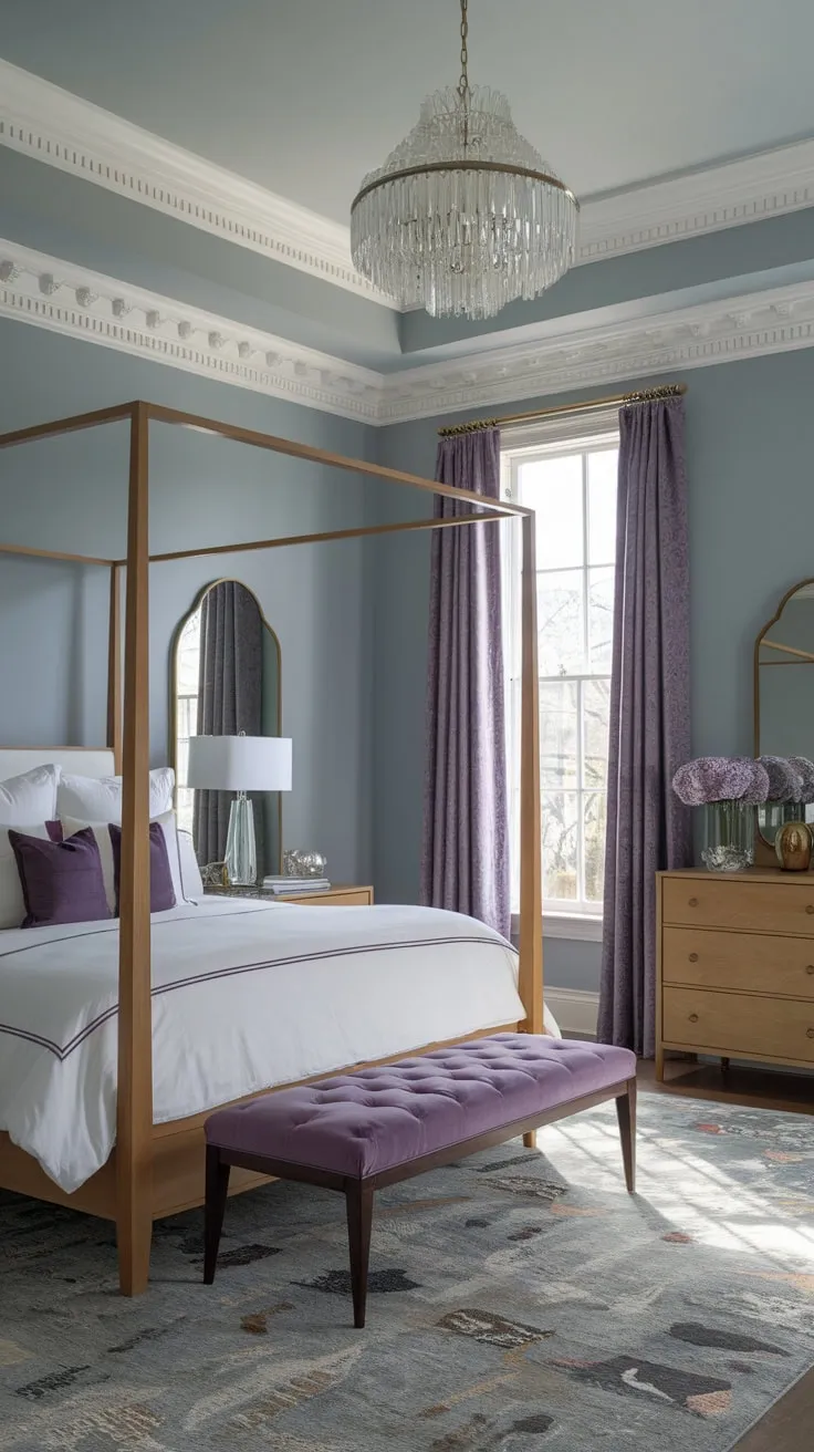 Purple accents and a large window complete the stylish modern Victorian bedroom.