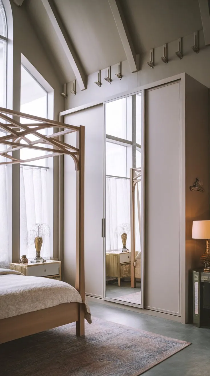 High ceilings and large windows bathe a dreamy modern Victorian bedroom in light, its four-poster bed a focal point against a backdrop of rich textures and antique charm