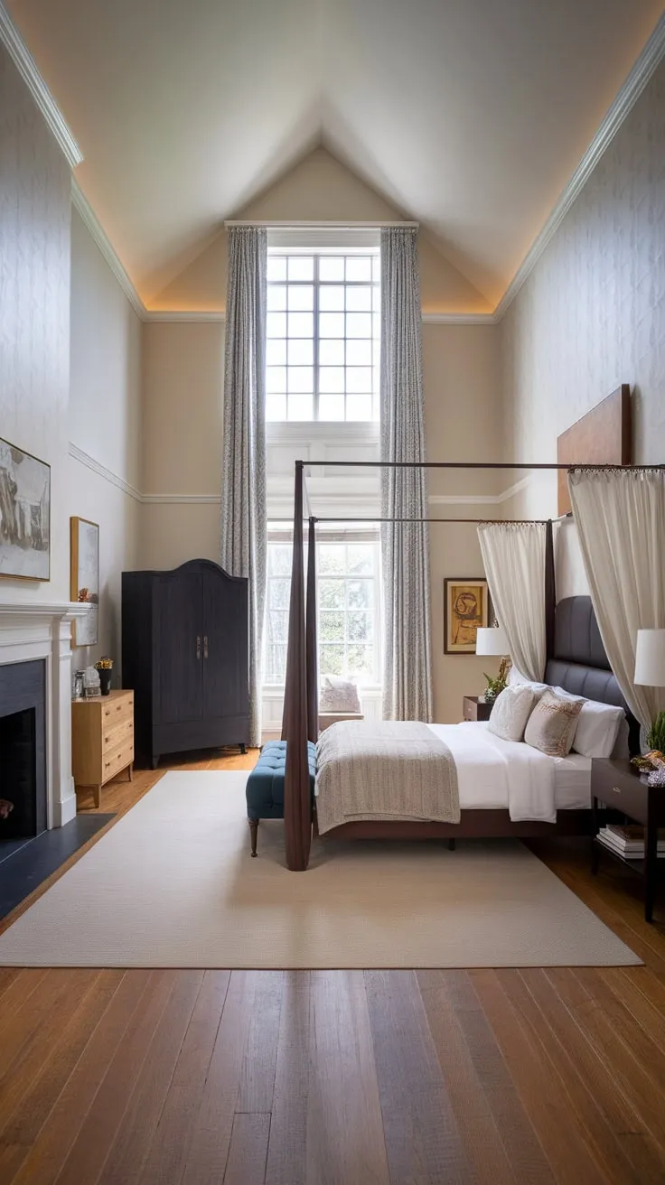 Dark wood accents and a subtly patterned wall create a luxurious modern Victorian bedroom with a fireplace and ample natural light.