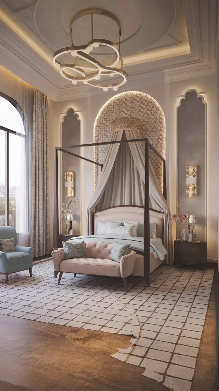 A dreamy modern Victorian bedroom blends ornate patterns and high ceilings with contemporary furniture for a sophisticated, inviting space