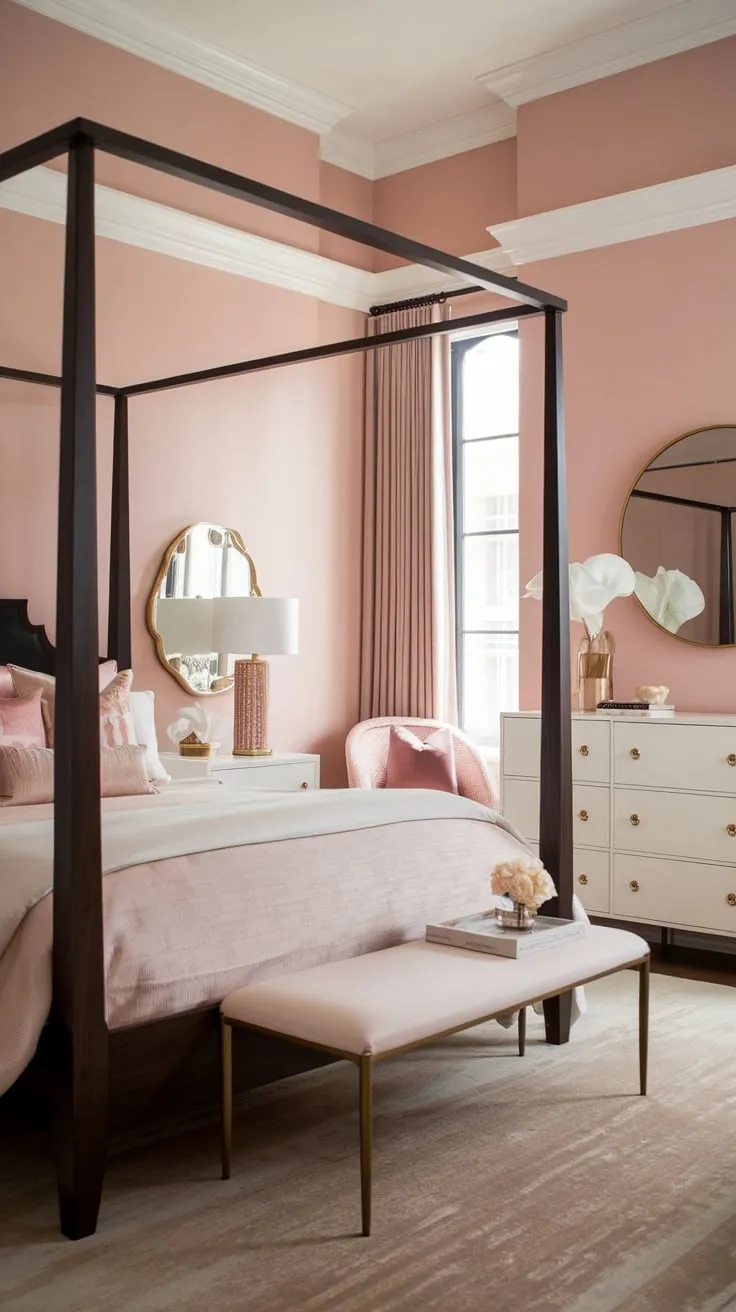 Blush pink walls, a dark wood canopy bed, and gold-accented furniture create a dreamy modern Victorian bedroom.