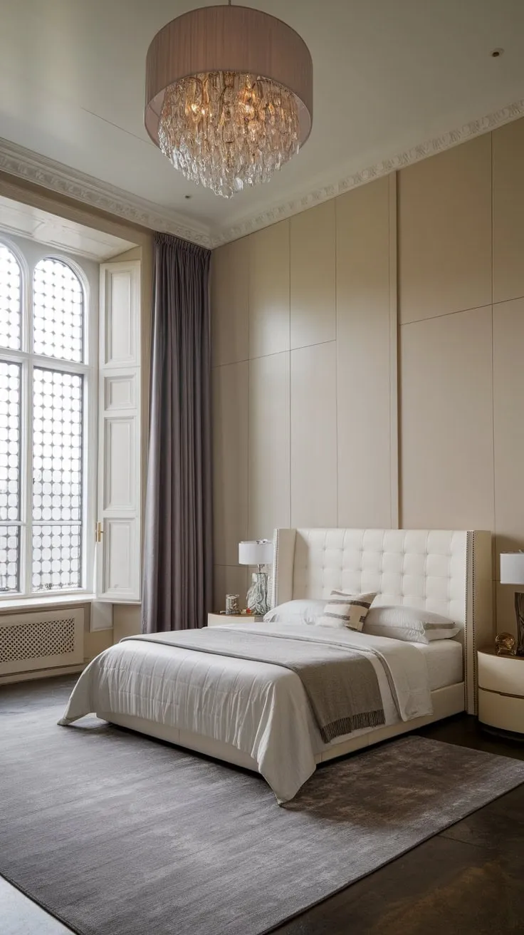 Light walls and a grey rug complement a luxurious king bed and tall wardrobe in this updated Victorian bedroom, showcasing a sophisticated mix of old and new.