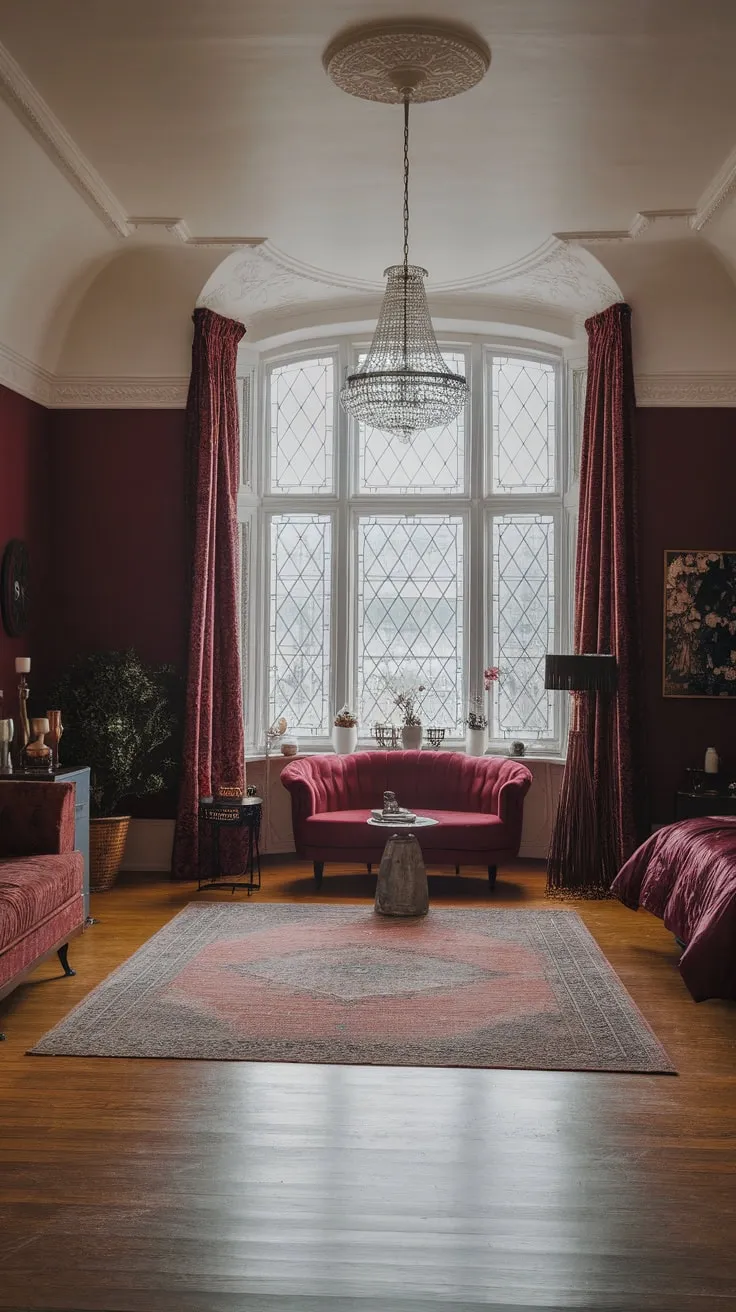Intricate window patterns and high ceilings define this luxurious, plant-filled modern Victorian bedroom.
