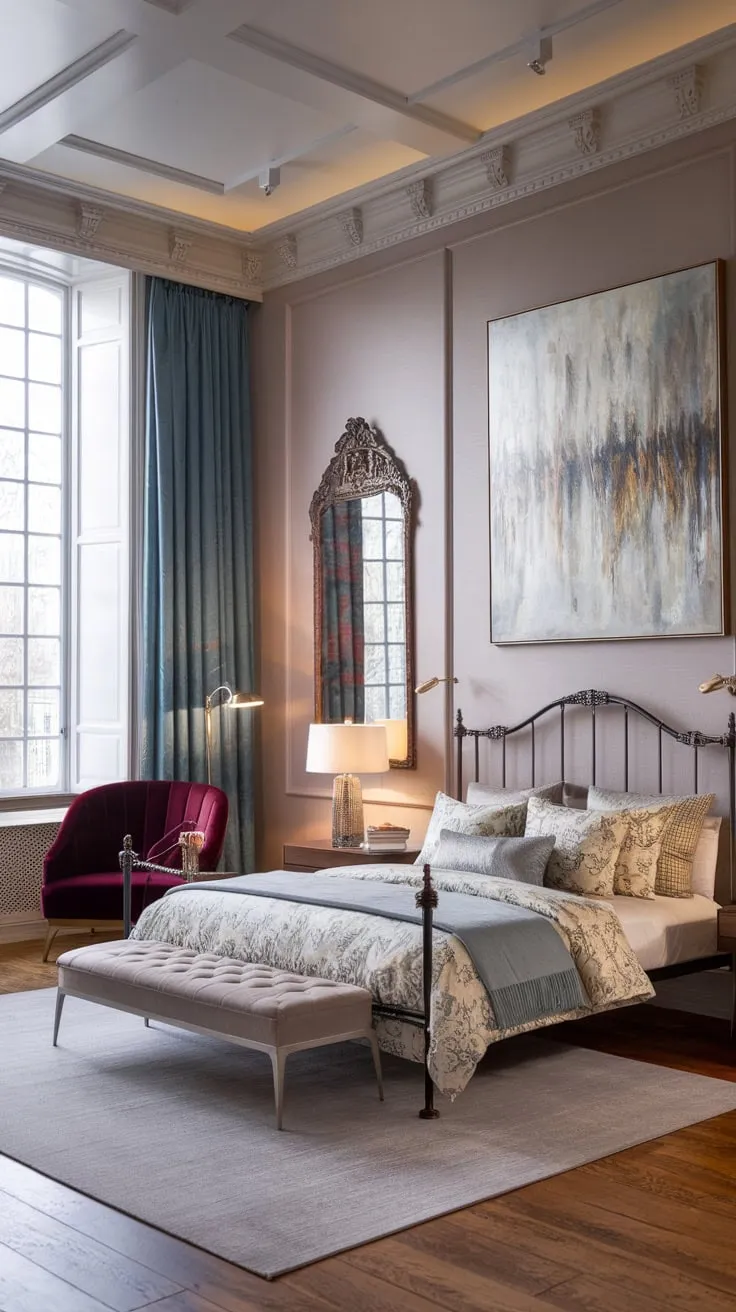 Modern art and plush velvet accents elevate a Victorian-inspired bedroom with high ceilings and ornate details into a sophisticated sanctuary.