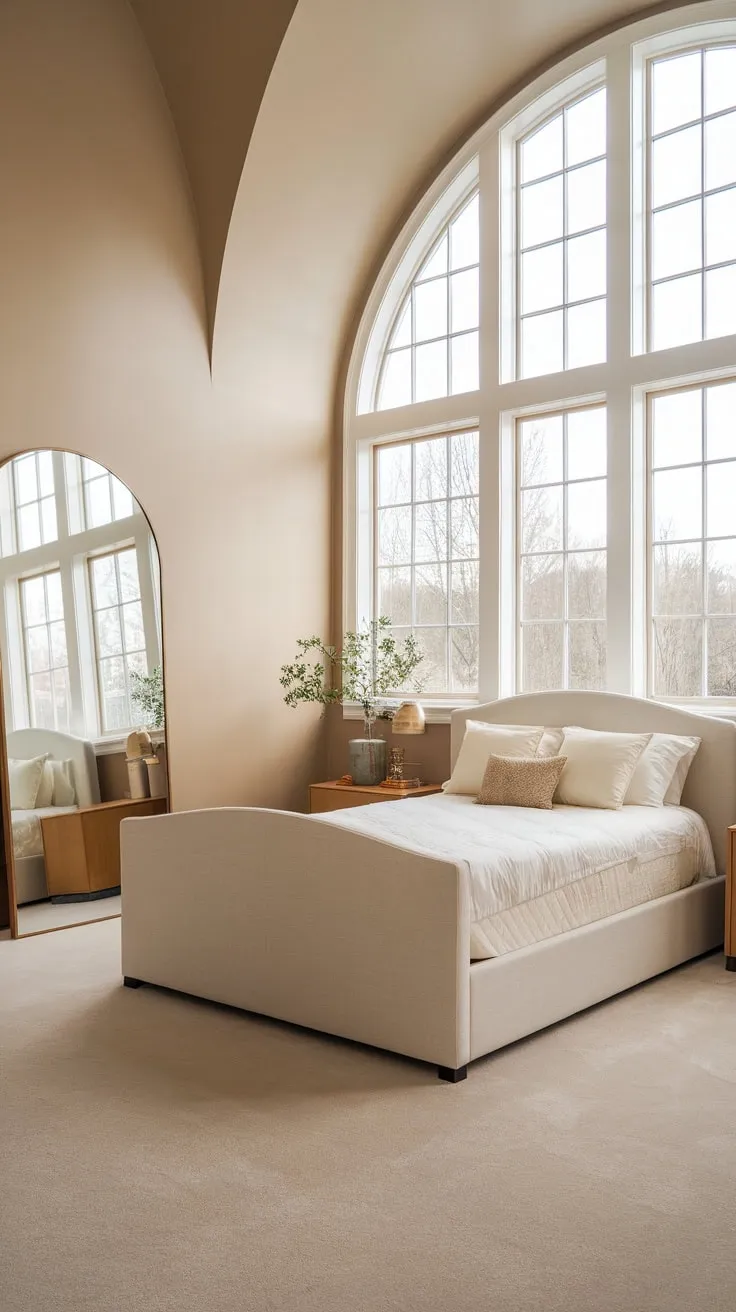 A high-ceilinged Victorian bedroom, updated with modern touches, offers a calming retreat bathed in natural light.