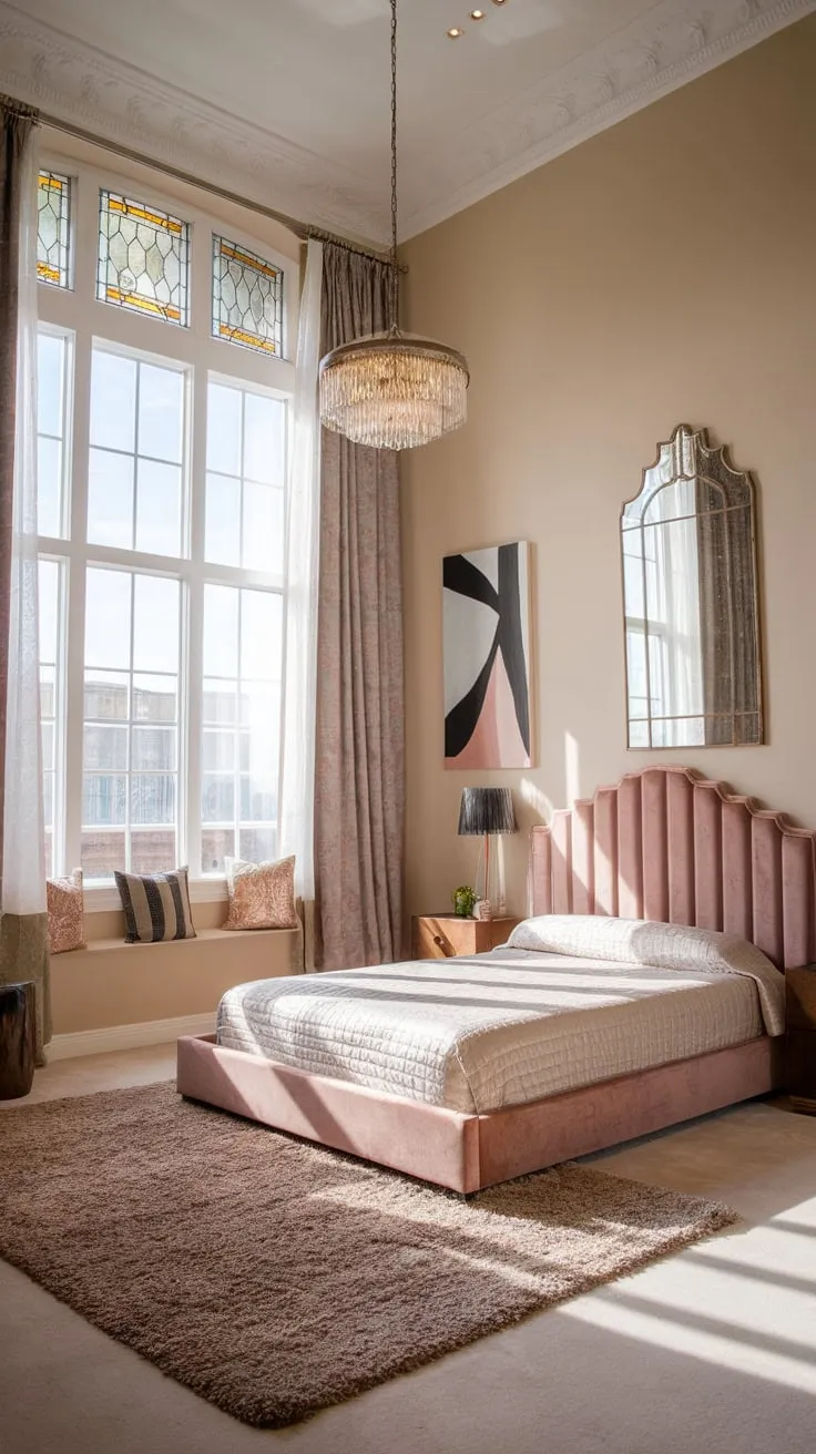 Sunlit elegance meets modern design in a dreamy Victorian bedroom, where stained glass and a velvet headboard share space with geometric lamps and abstract art.
