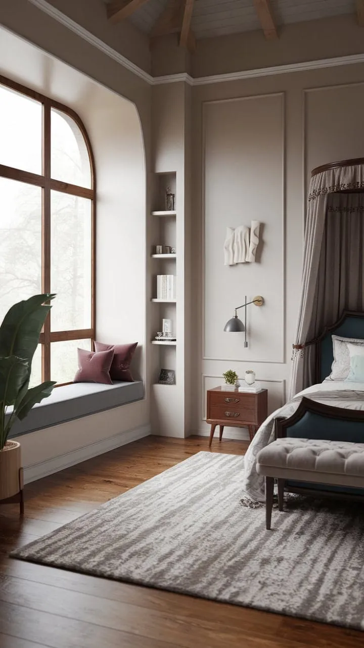 This bedroom exudes unique charm with its high ceilings, soft light, and a harmonious blend of antique furnishings and contemporary accents, creating a sophisticated yet inviting sanctuary of tranquility.