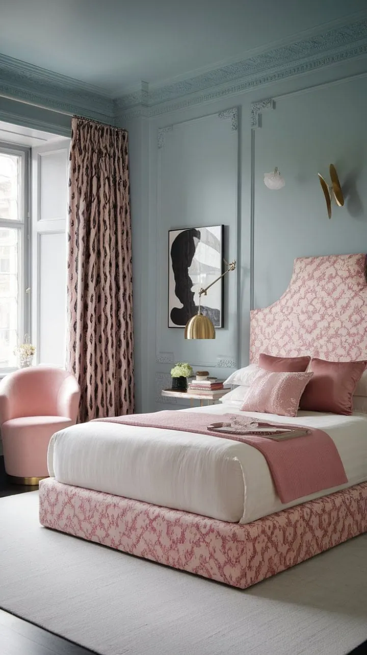 This bedroom elegantly blends Victorian charm with modern flair, featuring pale blue walls, a pink chair, and bold black and white artwork for a sophisticated yet inviting atmosphere.