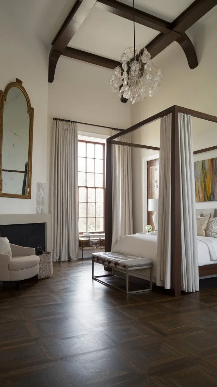 This bedroom masterfully fuses Victorian elegance with modern minimalism, creating a luxurious yet effortlessly chic sanctuary.