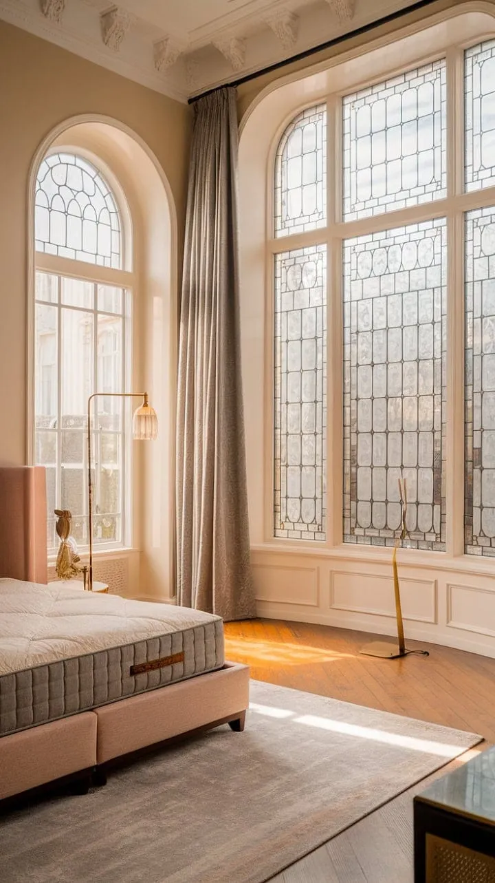 Bathed in sunlight, this Victorian-modern bedroom sanctuary seamlessly blends elegance and comfort, inviting restful slumber beneath a warm golden glow.