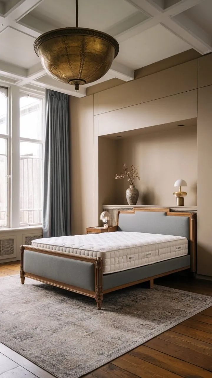 This elegantly designed bedroom harmoniously blends historical charm with modern luxury, creating a luminous sanctuary of comfort and style.