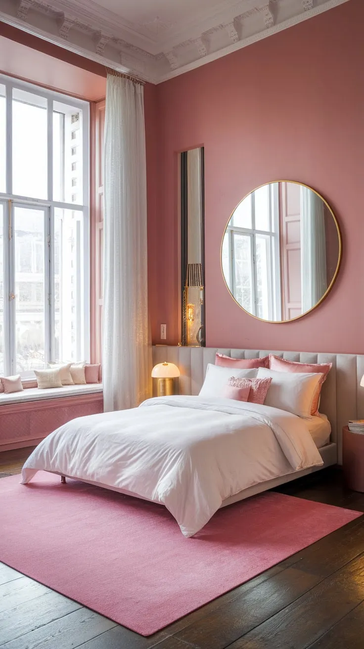 Soft pink walls and a plush queen bed create a romantic and cozy atmosphere in this modern Victorian bedroom, enhanced by high ceilings, large windows, and contemporary gold accents.