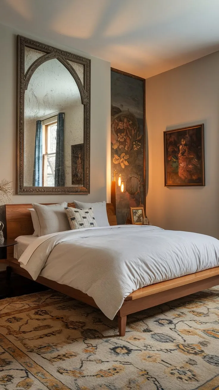 Warm lighting illuminates a queen bed in a modern Victorian bedroom, blending antique charm with contemporary art and furnishings.