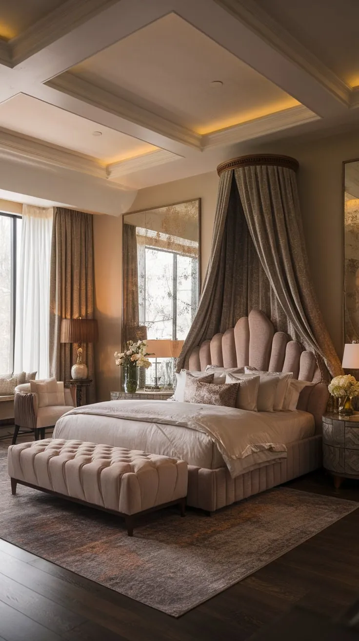 High ceilings and soft lighting enhance the luxurious feel of a modern Victorian bedroom featuring a grand canopy bed and elegant décor.