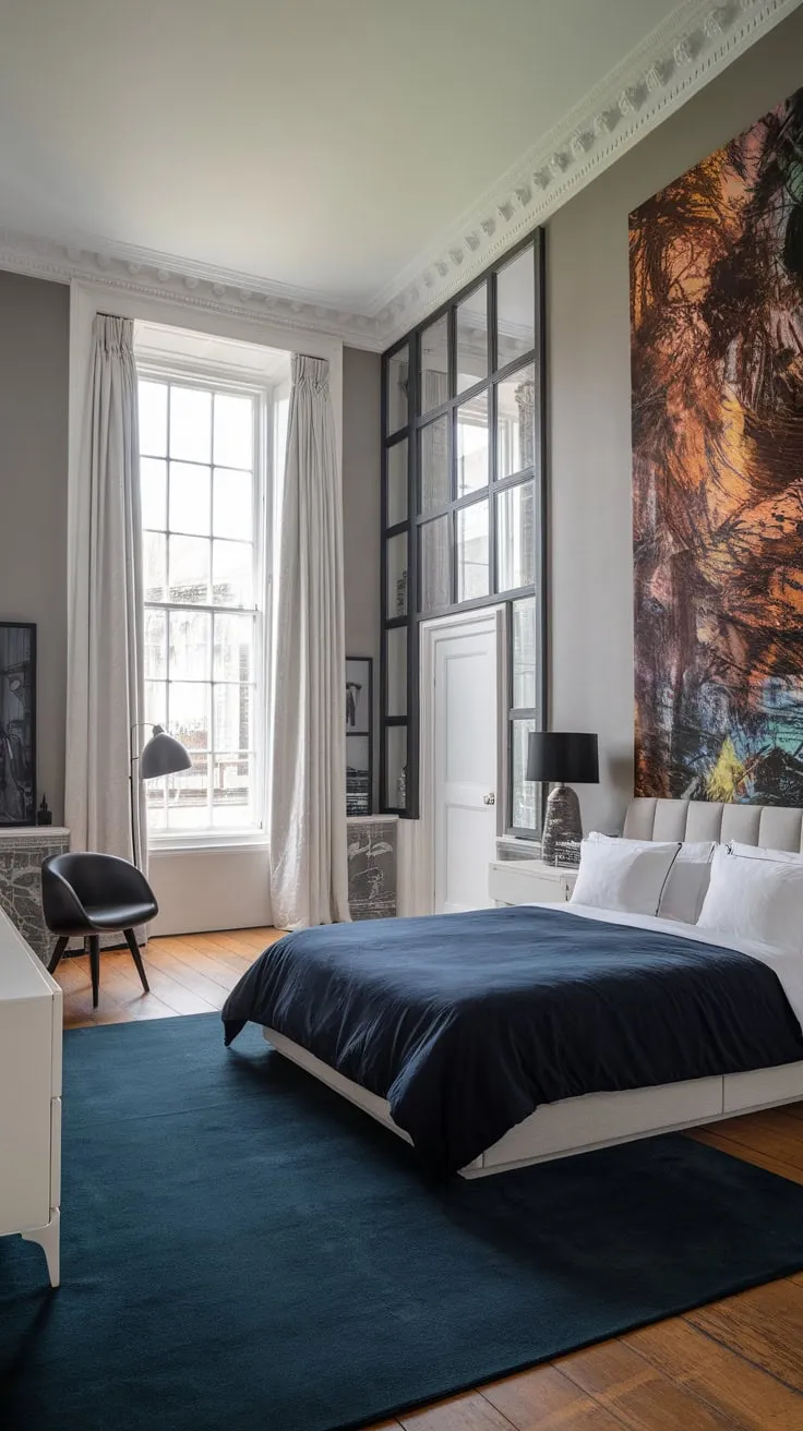 High ceilings and expansive windows bathe a luxurious modern Victorian bedroom in light, where a dark blue color scheme complements contemporary artwork and furniture.
