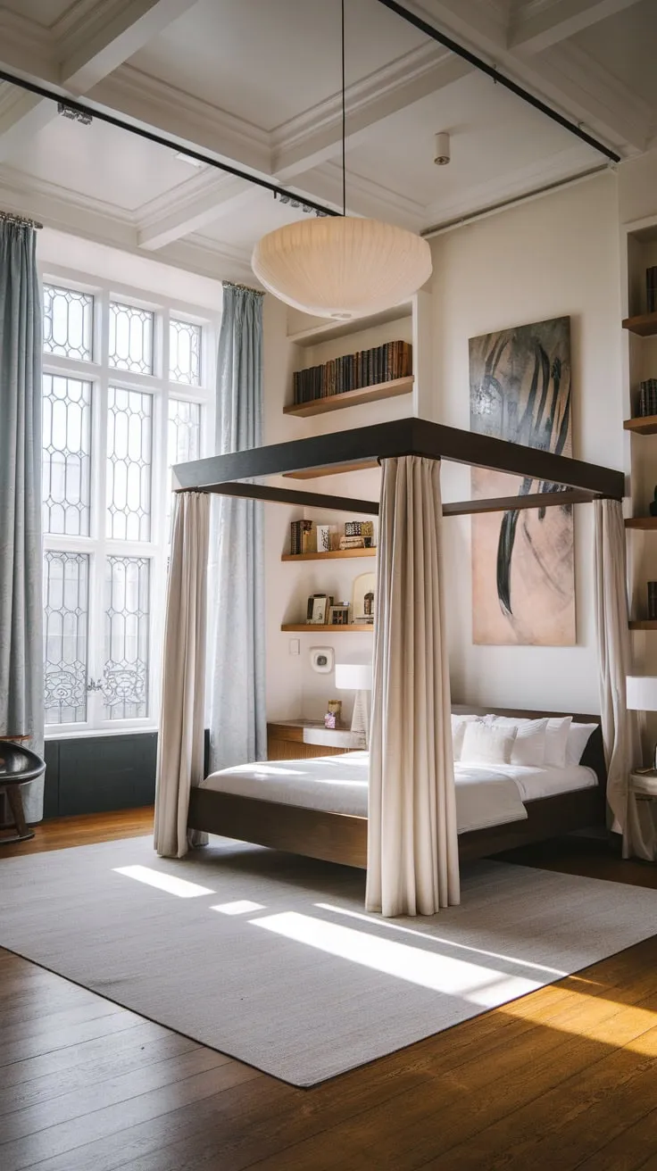 A dreamy modern Victorian bedroom blends high ceilings, natural light, and a grand canopy bed with contemporary accents for a sophisticated retreat