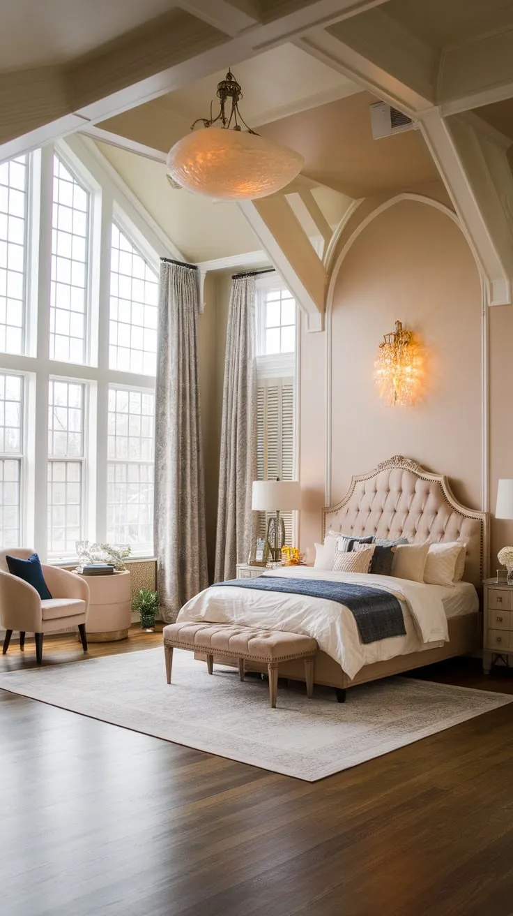 A queen-size bed and soft beige walls create a calming atmosphere in this high-ceilinged modern Victorian bedroom, showcasing a tasteful fusion of old and new.