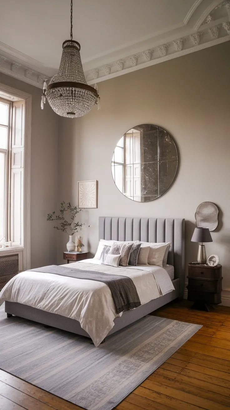 Modern lines and soft grey hues create a dreamy Victorian-inspired bedroom, highlighted by a statement chandelier and round mirror.