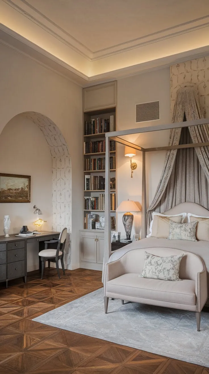 A four-poster bed and built-in bookshelves create a warm, cozy atmosphere in this updated Victorian sanctuary.