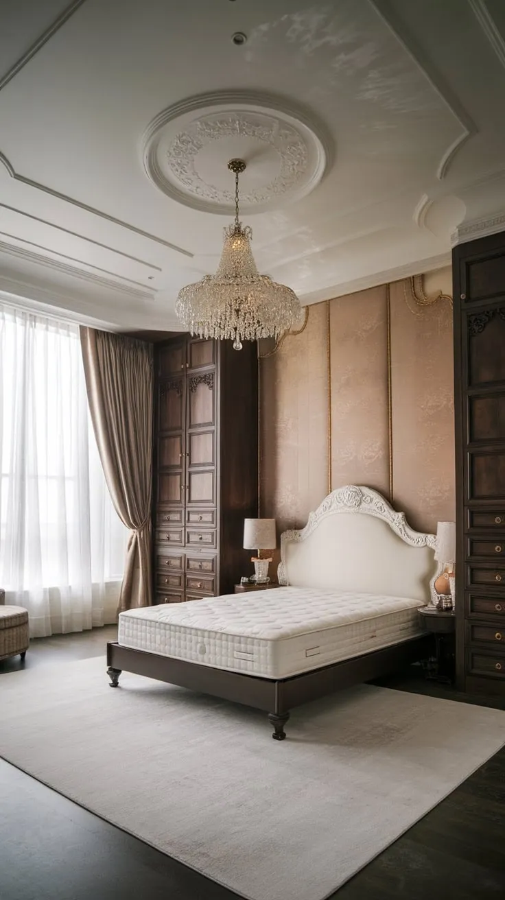 A high-ceilinged room showcases a luxurious fusion of Victorian details and modern comfort, creating a captivating atmosphere.