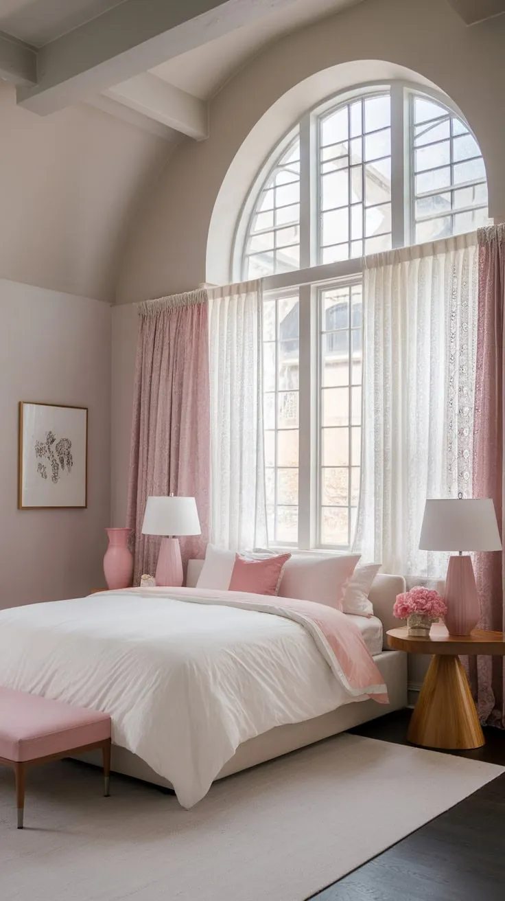 A plush bed under an arched window anchors a sophisticated modern Victorian bedroom, infused with soft colors and tasteful accents.