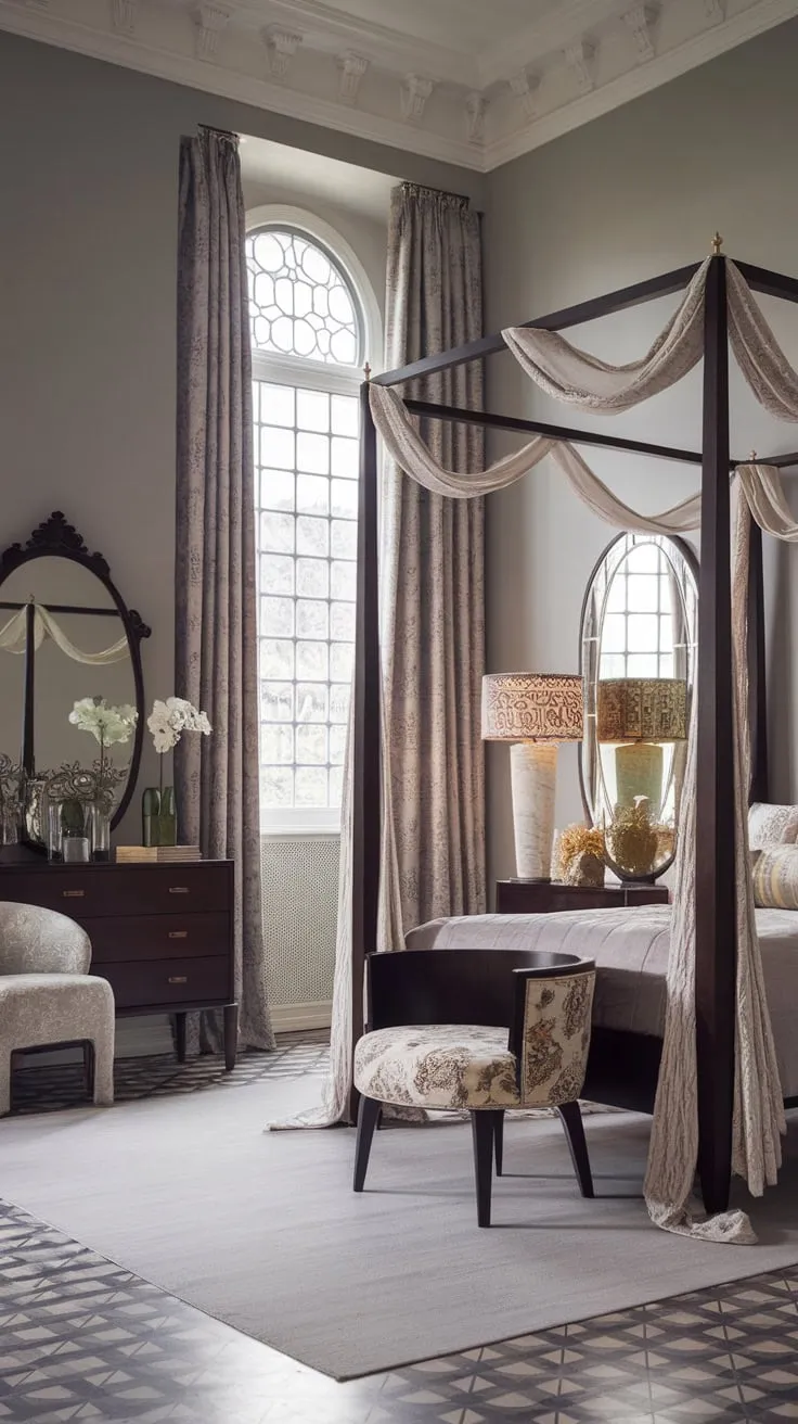 High ceilings and patterned floors create a dreamy atmosphere in this modern Victorian bedroom, where antique-inspired furnishings meet contemporary design elements.